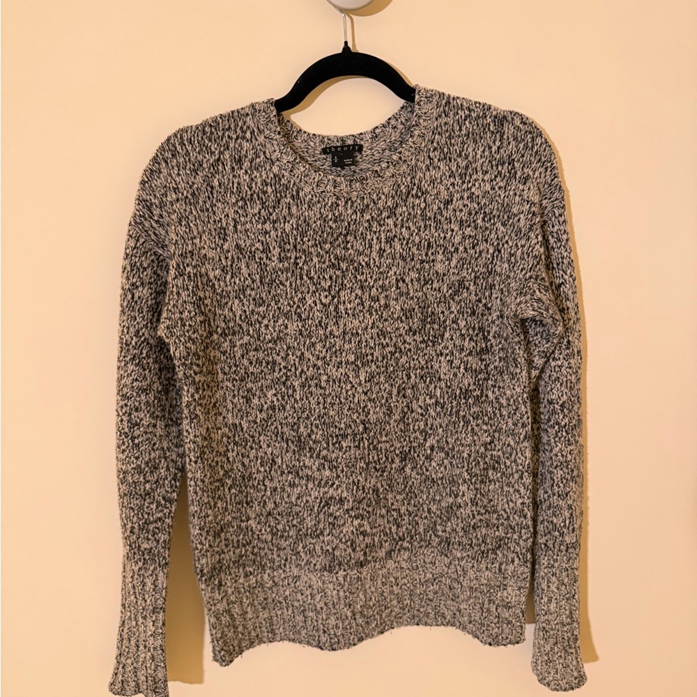 Theory Marled Black and White Knit Crew Neck Sweater